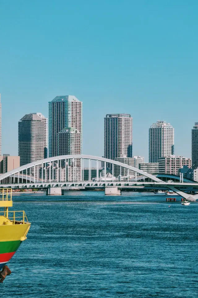 A white bridge over a river and tall buildings