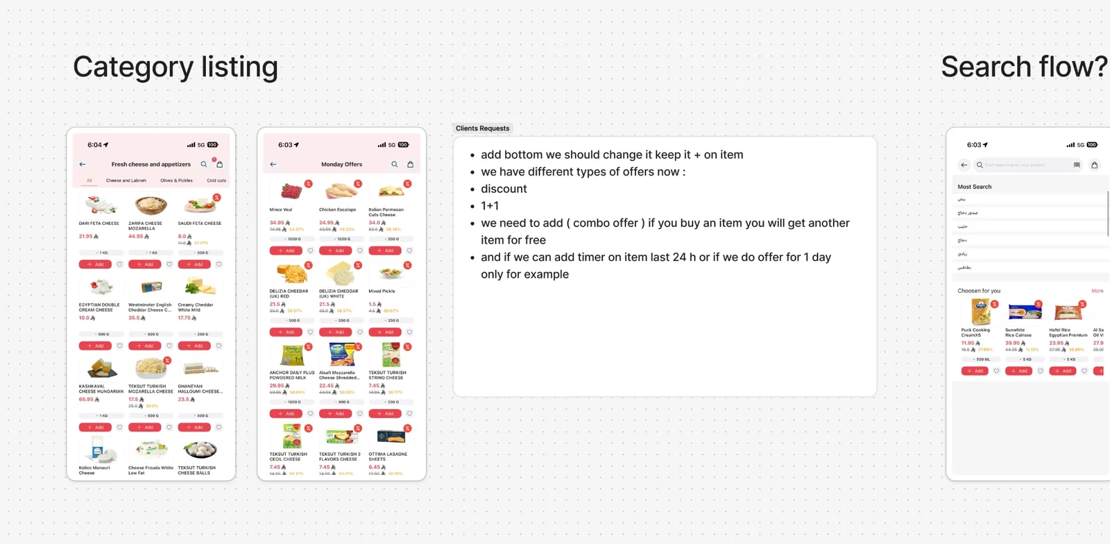 The old category listing, and the client's requests