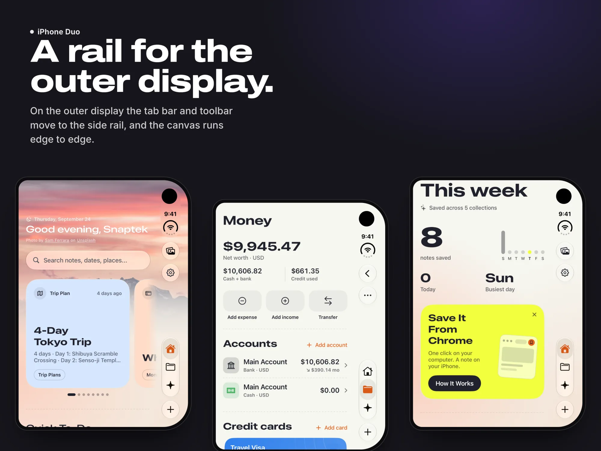 Three outer-display screens with the side rail: Home, Money and This week